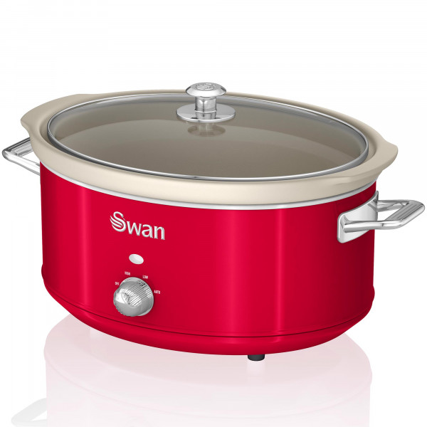 Swan Retro SF17031RNEU Olla Cocción Lenta 6,5L Recipiente Extraíble, Antiadherente Cerámica libre PFOA y PTFE, 3 Niveles Temperatura, Tapa Vidrio, Slow Cooker, Diseño Vintage, Rojo, 320W 