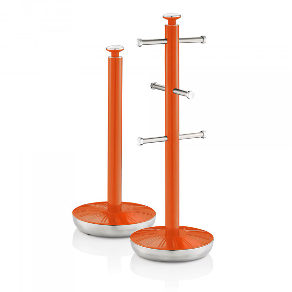 Swan Retro Set Porta Rollos Papel de cocina + Soporte para 6 Tazas Café o Té, Acero Inoxidable Alta Calidad Estables y Duraderos, Diseño Vintage, Naranja