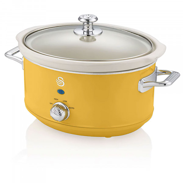 Swan Retro SF17021YELNEU Olla Cocción Lenta 3,5 L Recipiente Extraíble, Antiadherente Cerámica libre PFOA y PTFE, 3 Niveles Temperatura, Tapa Vidrio, Slow Cooker, Diseño Vintage, Amarillo, 200W