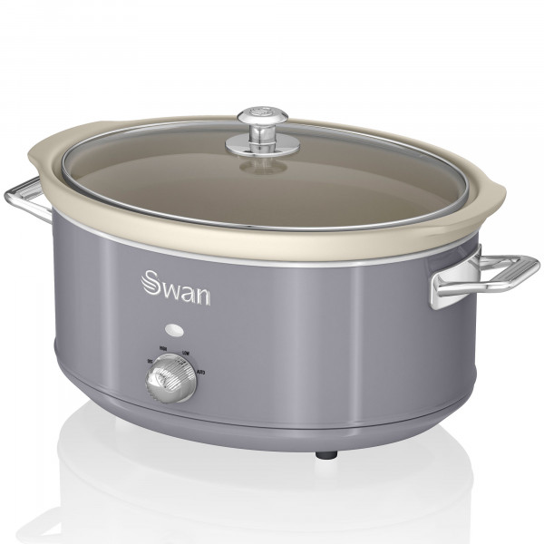 Swan Retro SF17031GRNEU Olla Cocción Lenta 6,5L Recipiente Extraíble, Antiadherente Cerámica libre PFOA y PTFE, 3 Niveles Temperatura, Tapa Vidrio, Slow Cooker, Diseño Vintage, Gris, 320W