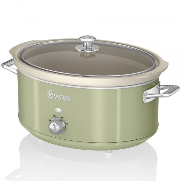 Swan Retro SF17031GNEU Olla Cocción Lenta 6,5L Recipiente Extraíble, Antiadherente Cerámica libre PFOA y PTFE, 3 Niveles Temperatura, Tapa Vidrio, Slow Cooker, Diseño Vintage, Verde, 320W