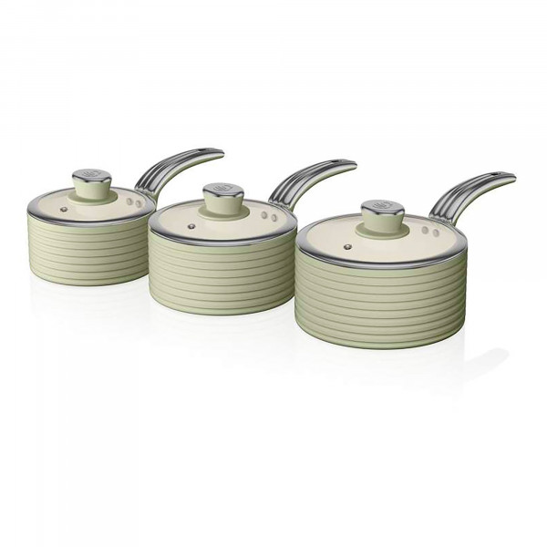 Swan Retro SWPS3020GN Batería Cocina 3 Cazos 16 18 20cm, 3 Tapas Vidrio, Aluminio Prensado 3mm, Inducción, Antiadherente Cerámica libre PFOA y PTFE, Apta para todas las Cocinas, Vintage, Verde