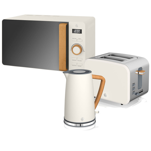 Swan Nordic Set Desayuno Hervidor de agua 1,7L 3000W, Tostadora Pan ranura ancha 2 rebanadas, Microondas 20L digital, diseño moderno, efecto madera, blanco