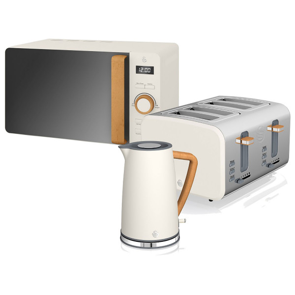 Swan Nordic Set Desayuno Hervidor de agua 1,7L 3000W, Tostadora Pan ranura ancha 4 rebanadas,Microondas 20L digital, diseño moderno, efecto madera, blanco