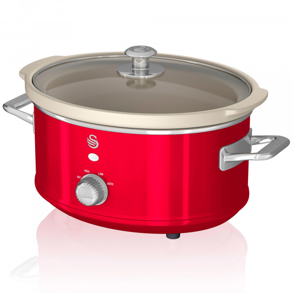 Swan Retro SF17021RNEU Olla Cocción Lenta 3,5 L Recipiente Extraíble, Antiadherente Cerámica libre PFOA y PTFE, Slow Cooker, 3 Niveles Temperatura, Tapa Vidrio, Diseño Vintage, Rojo, 200W