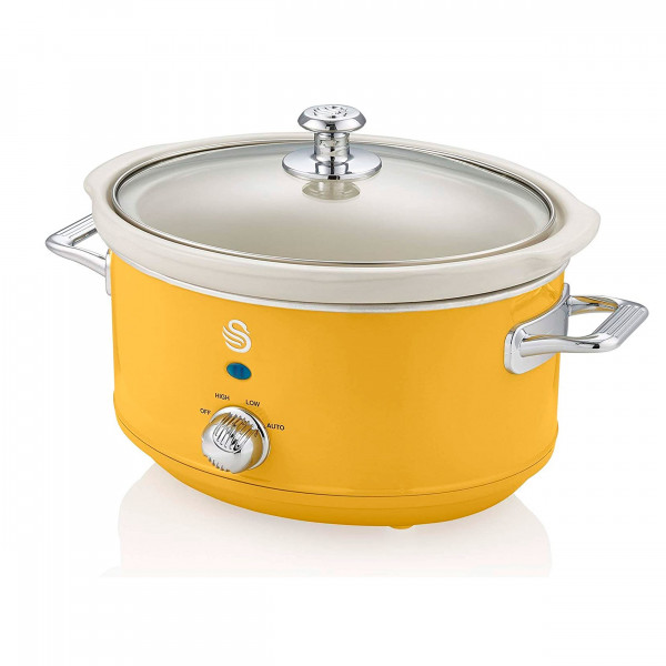 Swan SF17021YELN Olla Cocción Lenta Retro 3,5L Recipiente Extraíble, Antiadherente Cerámica libre PFOA y PTFE, 3 Niveles Temperatura, Tapa Vidrio, Slow Cooker, Diseño Vintage, Amarillo