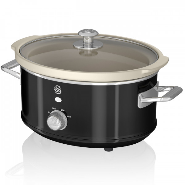 Swan SF17021BN Retro Olla de cocción lenta 3,5 litros, recipiente extraible con antiadherente cerámica libre PFOA y PTFE, 3 niveles temperatura, tapa vidrio, Slow Cooker con diseño vintage Negro, 200W