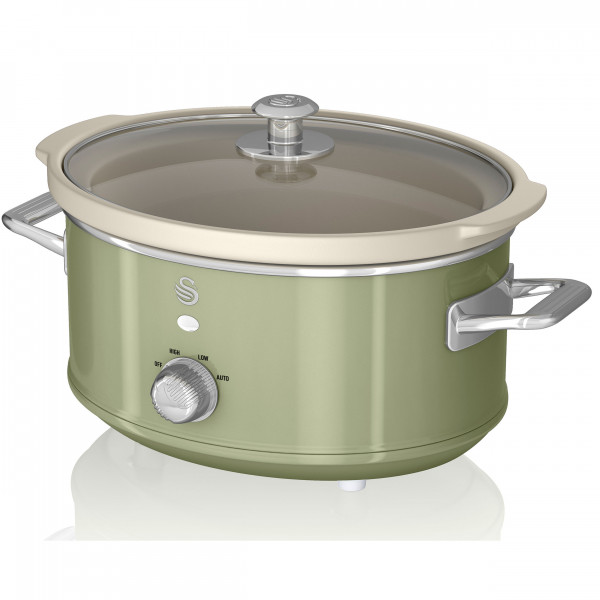 Swan SF17021GN Olla Cocción Lenta Retro 3,5L Recipiente Extraíble, Antiadherente Cerámica libre PFOA y PTFE, 3 Niveles Temperatura, Tapa Vidrio, Slow Cooker, Diseño Vintage, Verde