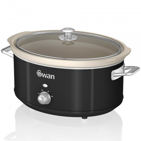 Swan Retro SF17031BNEU Olla Cocción Lenta 6,5L Recipiente Extraíble, Antiadherente Cerámica libre PFOA y PTFE, 3 Niveles Temperatura, Tapa Vidrio, Slow Cooker, Diseño Vintage, Negro, 320W