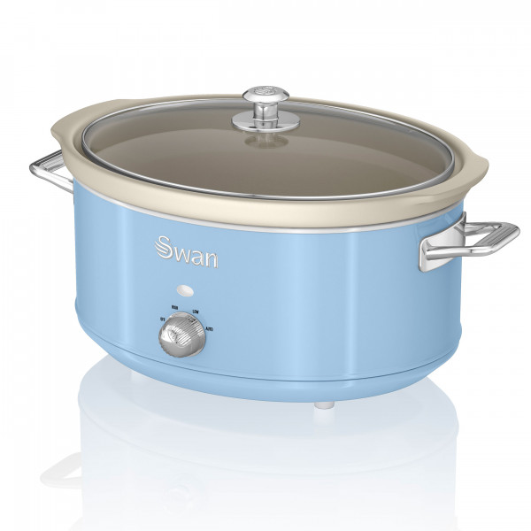 Swan SF17031BLN Olla Cocción Lenta Retro 6,5L Recipiente Extraíble, Antiadherente Cerámica libre PFOA y PTFE, 3 Niveles Temperatura, Tapa Vidrio, Slow Cooker, Diseño Vintage, Azul