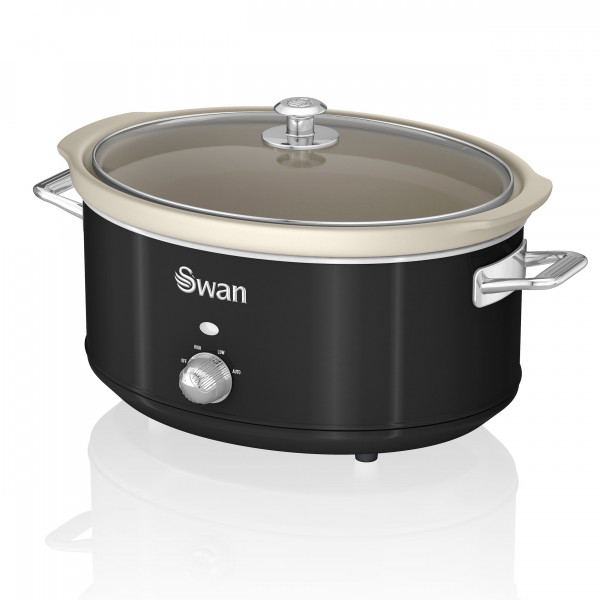 Swan SF17031BN Olla Cocción Lenta Retro 6,5L Recipiente Extraíble, Antiadherente Cerámica libre PFOA y PTFE, 3 Niveles Temperatura, Tapa Vidrio, Slow Cooker, Diseño Vintage, Negro