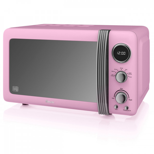 Swan Retro SM22030LPNEU Microondas Digital 20L, 5 Niveles de Potencia, Función Descongelación, Temporizador 60 Minutos, Puerta Espejo, Plato Giratorio 27 cm, Diseño Vintage, Rosa, 800W
