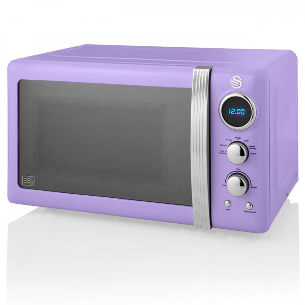 Swan SM22030PURN Microondas Digital Retro 20L, 5 Niveles de Potencia, Función Descongelación, Temporizador 60 Minutos, Plato Giratorio 27 cm, Diseño Vintage, Morado, 800W