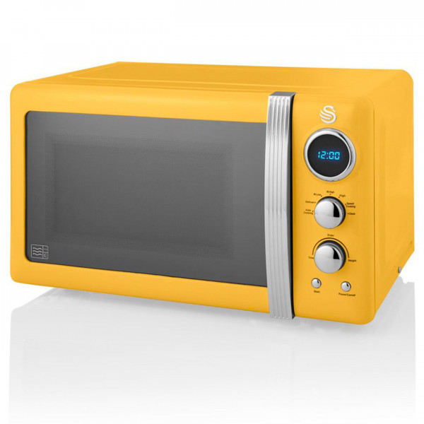 Swan SM22030YELNEU Microondas Digital Retro 20L, 5 Niveles de Potencia, Función Descongelación, Temporizador 60 Minutos, Plato Giratorio 27 cm, Diseño Vintage, Amarillo, 800W