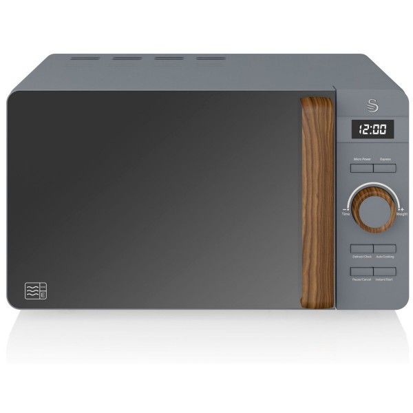 SWAN Nordic Microondas digital 20L, 6 niveles funcionamiento, 800W potencia, temporizador 30 min, fácil limpieza, modo desongelar, diseño moderno, tirador efecto madera, gris mate