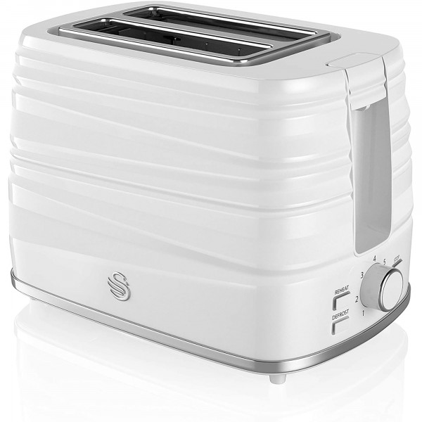 Swan ST31050WN Symphony Tostadora 2 Rebanadas, 2 Ranuras, 3 Funciones (Tostar, Calentar y Descongelar), 7 Niveles Tostado, Diseño Moderno Color Blanco, 930W