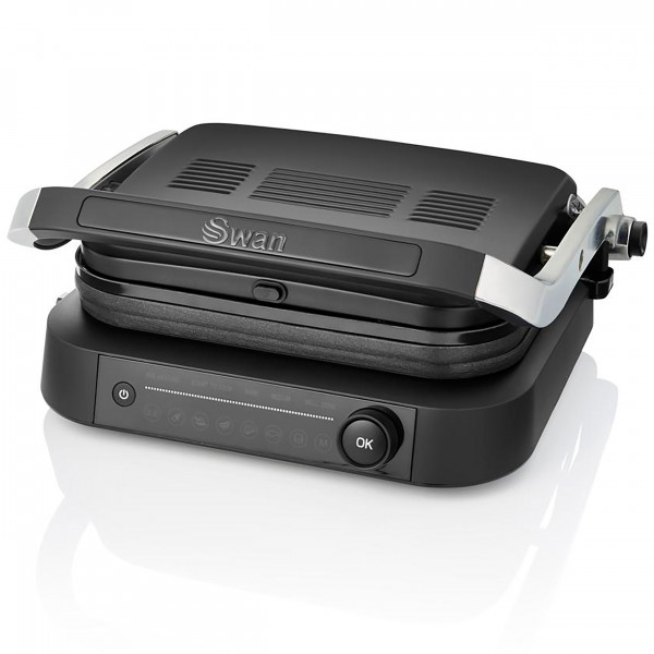 Swan Stealth SP22140BLKN Smart Grill Parrilla Digital, Tapa Basculante, Apertura 180º, 6 Modos de Cocción, Indicador del Progreso, Sensor de Grosor, Placas Antiadherentes Extraíbles