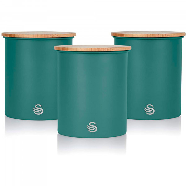 Swan SWKA17513GREN Nordic Scandi Juego de 3 Botes Cocina Almacenaje de Acero al Carbono Resistente, Tapa de Bambú, Para Guardar Té, Café y Azúcar, Diseño Nórdico Verde