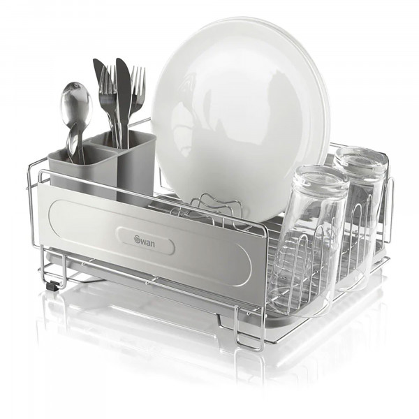 Swan SWKA5050N Escurreplatos con Bandeja Antigoteo para Drenaje, Escurridor de Platos para Fregadero con 2 Cestos para Cubiertos, Soporte Escurre Platos, Vasos y Cubiertos, Inox