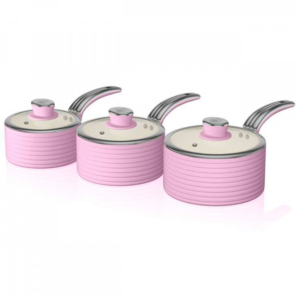 Swan SWPS3020PN Retro Batería Cocina 3 Piezas,16 18 20cm, Tapas Vidrio, Aluminio Prensado 3mm, Inducción, Antiadherente Cerámica libre PFOA y PTFE, Apta para todas las Cocinas, Vintage, Rosa