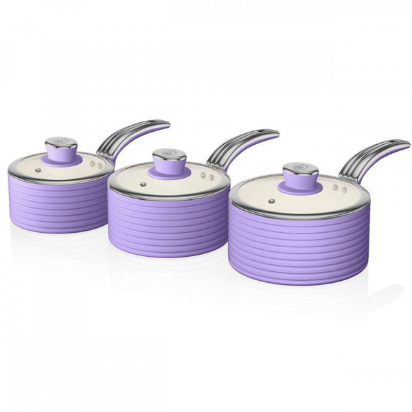 Swan Retro SWPS3020PURN Batería Cocina 3 Cazos 16 18 20cm, 3 Tapas Vidrio,  Aluminio Prensado 3mm, Inducción, Antiadherente Cerámica libre PFOA y PTFE,  Apta para todas las Cocinas, Vintage, Morado