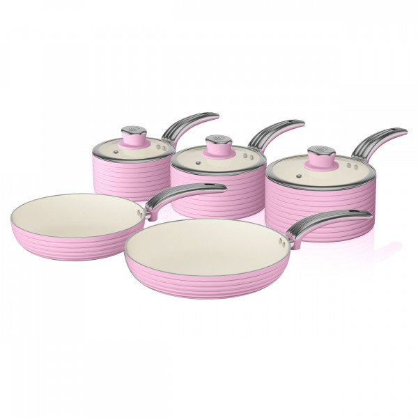 Swan SWPS5020PN Retro Batería Cocina 5 Piezas,3 Cazuelas + 2 Sartenes, Aluminio Prensado, 3mm, Inducción, Antiadherente Cerámica libre PFOA y PTFE, Apta para todas las Cocinas, Vintage, Rosa