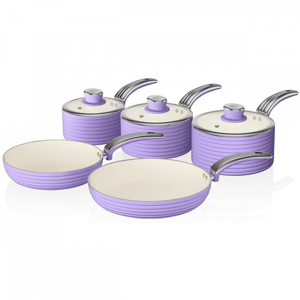 Swan SWPS5020PURN Retro Batería Cocina 5 Piezas,3 Cazuelas + 2 Sartenes, Aluminio Prensado, 3mm, Inducción, Antiadherente Cerámica libre PFOA y PTFE, Apta para todas las Cocinas, Vintage, Morado