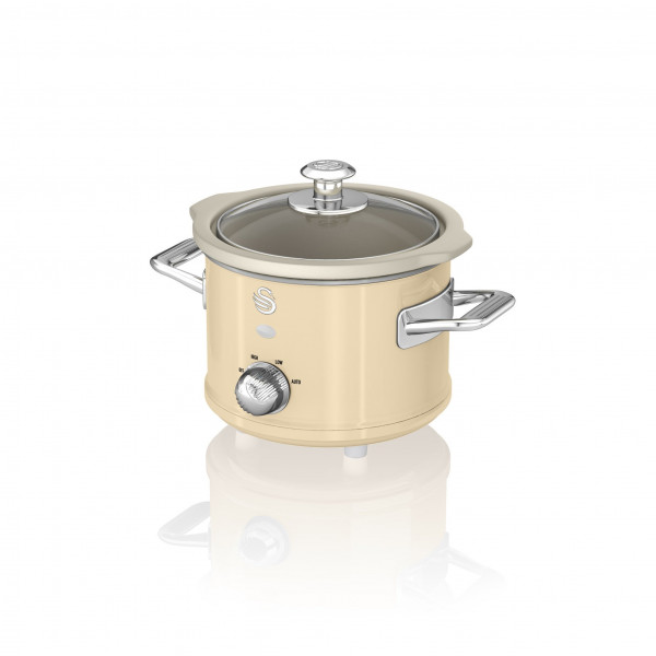 Swan Retro SF17011CN Olla Cocción Lenta 1,5L Recipiente Extraíble, Antiadherente Cerámica libre PFOA y PTFE, 3 Niveles Temperatura, Tapa Vidrio, Slow Cooker, Diseño Vintage, Crema, 120W