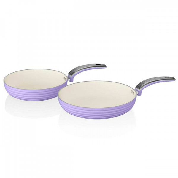 Swan SWPS2010PURN Retro Set Juego 2 Sartenes 20 28cm Aluminio Prensado 3mm, Inducción, Antiadherente Cerámica Marfil libre PFOA y PTFE, Apta para todas las Cocinas, Diseño Vintage, Morado