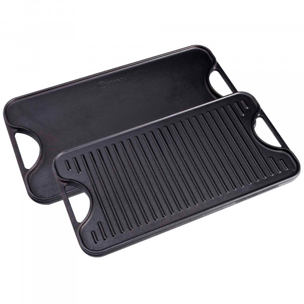 Victoria Plancha Cocina Hierro Fundido Esmaltado Inducción Parrilla Doble Reversible 50 X 35cm para Fuego, Barbacoa, Horno, Vitrocerámica, Gas, Libre de Tóxicos sin PTFE