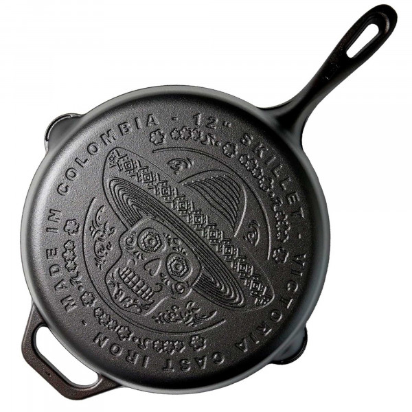 Victoria Sartén Hierro Fundido Esmaltado Inducción 30cm, Day of the Dead La Calaca Apta Barbacoa, Horno, Vitrocerámica, Gas, Cast Iron Skillet Curada para Crear Antiadherente Libre de Tóxicos sin PFOA 