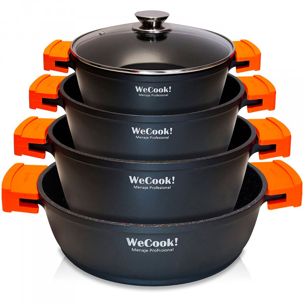 WECOOK! EcoChef Titanio Batería Cocina Inducción 8 Piezas, Aluminio Fundido, 4 Ollas, Antiadherente QuanTanium + Piedra sin PFOA, Set Cazuelas Tapas Cristal, Asas Silicona, Vitrocerámica, Gas