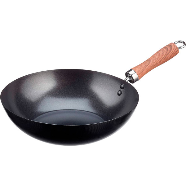 WECOOK! Carbono Wok Inducción 28 cm, Antiadherente Titanio QUANTANIUM Ecológico 3 Capas sin PFOA, Acero al Carbono, Mango Imitación Madera