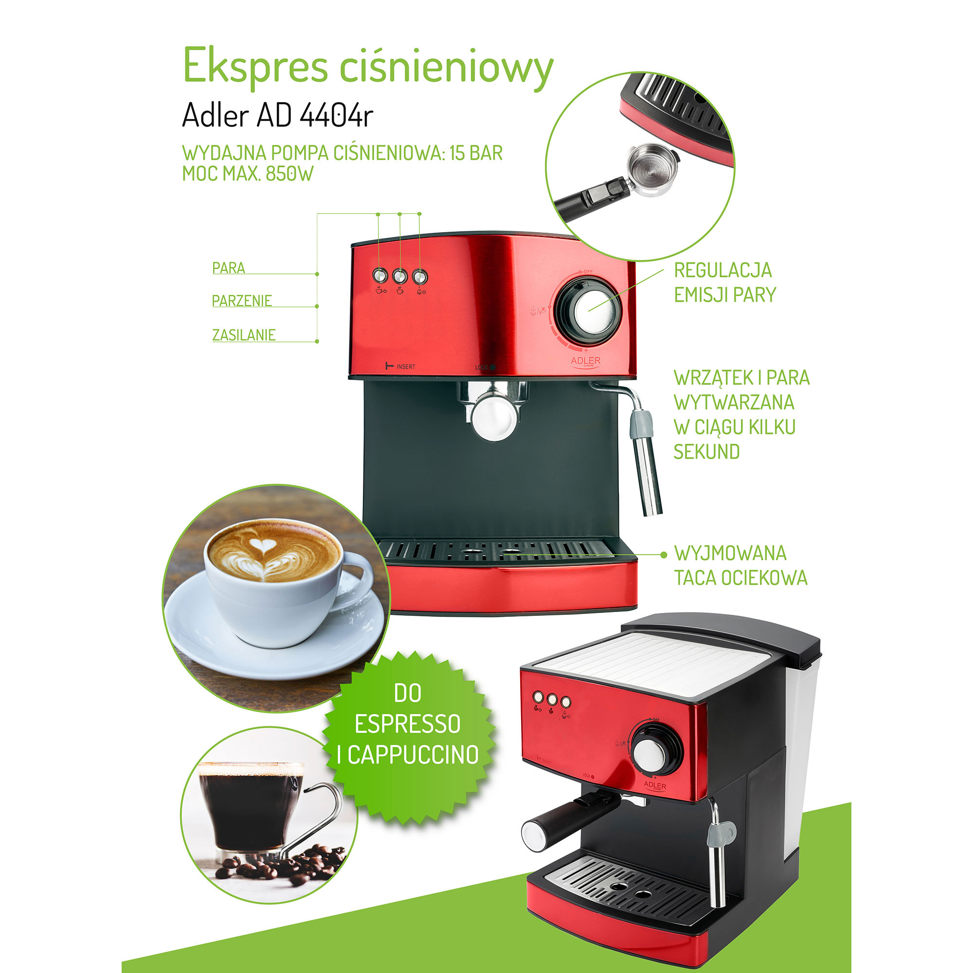 Espresso y Capuccino 850W 850 W Adler AD 4404CR Cafetera Automática 15 Bares Color Cobre Vaporizador para Espumar Leche Depósito 1,6 L para Preparar Café Latte Calienta Tazas Aluminio 