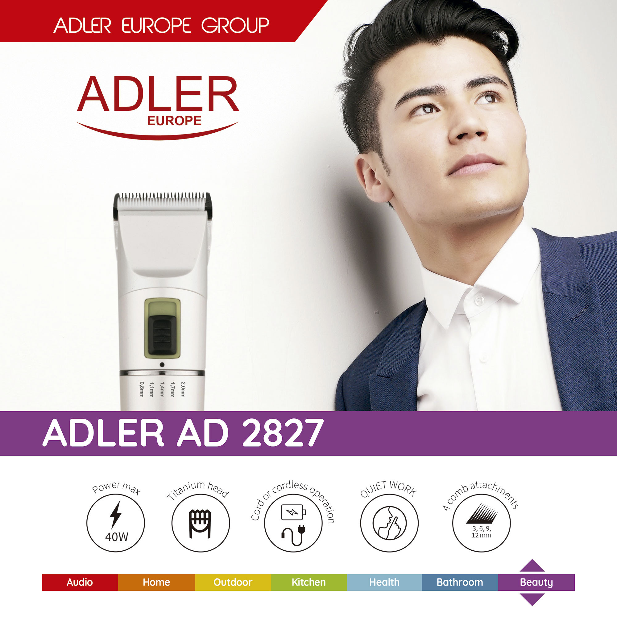 Adler AD2827 Cortapelos Eléctrico Profesional, Afeitadora para Hombre,  Longitud de corte Ajustable, Cabezal Titanio, Cuchillas Cerámicas