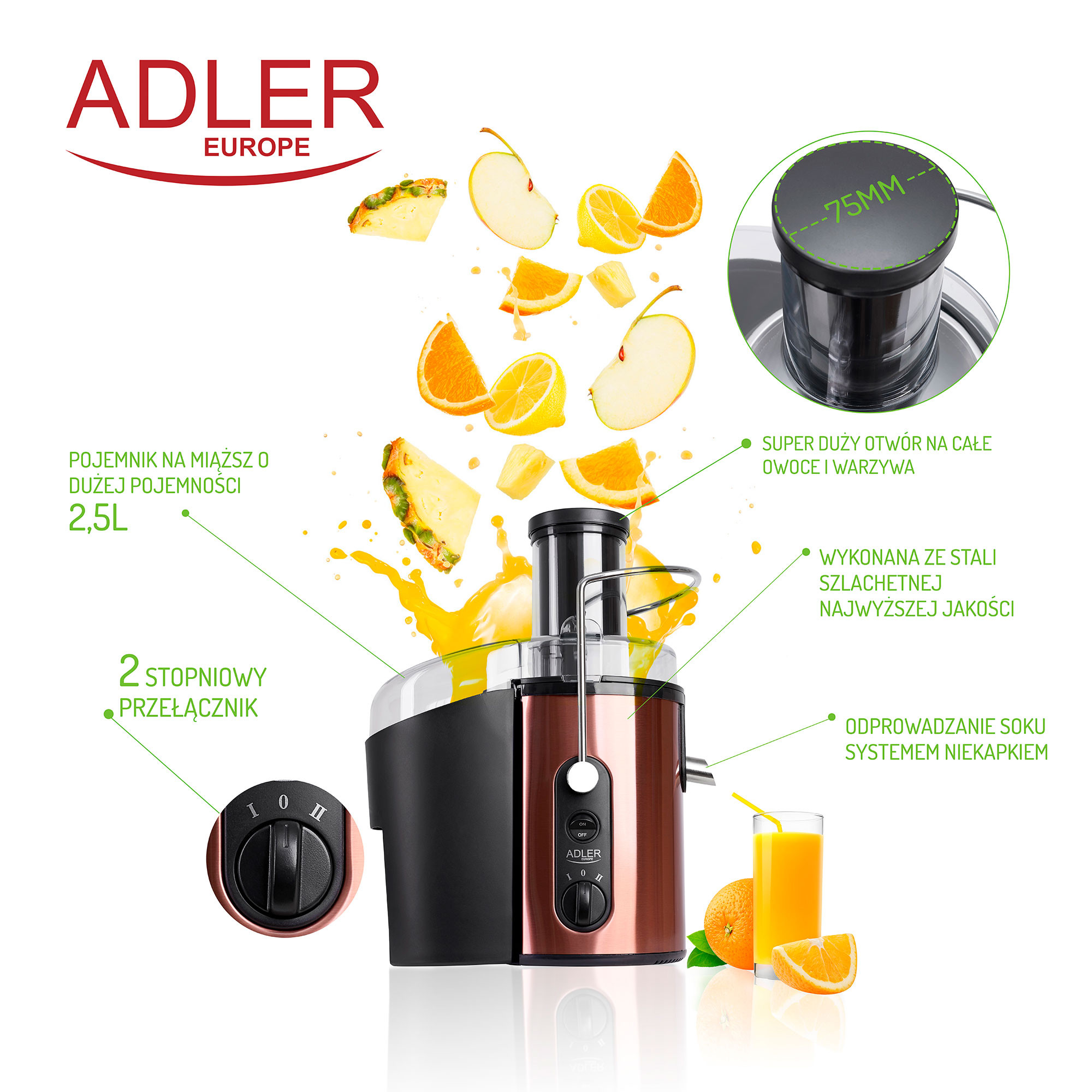Adler AD 4123 Licuadora para Frutas y Verduras Acero Inoxidable 2 Velocidades Boca Ancha de 75 mm Extractor de jugos 20.000 rpm Alto Rendimiento Jarra 1 5 L sin BPA 1500W