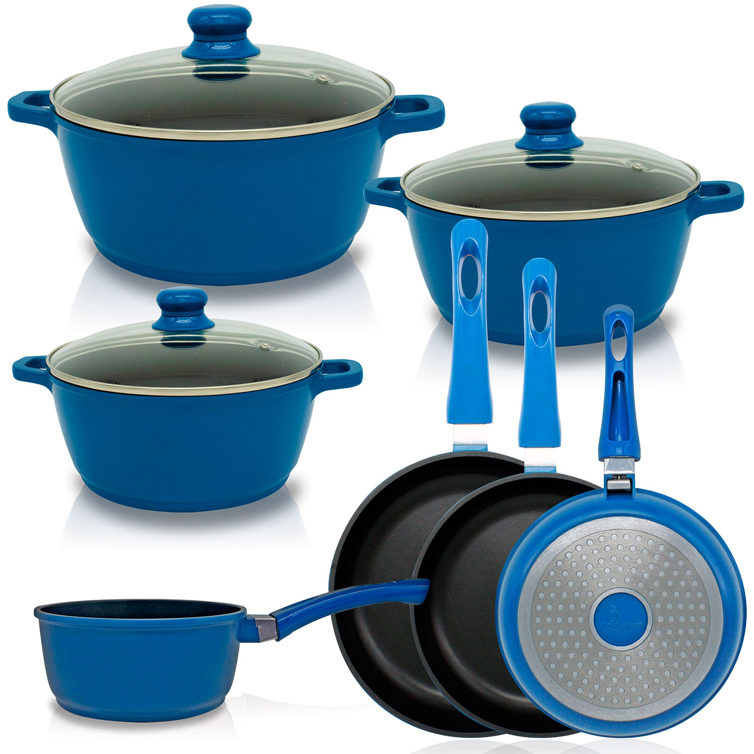 Juego de ollas y sartenes, juego de utensilios de cocina de aluminio,  revestimiento de cerámica antiadherente, sartén, olla con tapa, azul, 10  piezas