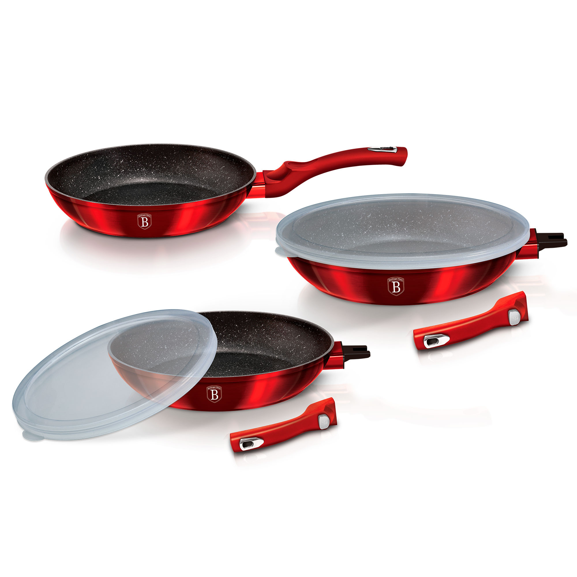 Lot De 2 Poêles à Frire Berlinger Haus - Induction, 22 & 26 Cm - Revêtement Marbre Antiadhésif Sans PFOA - Design Rouge Métallique