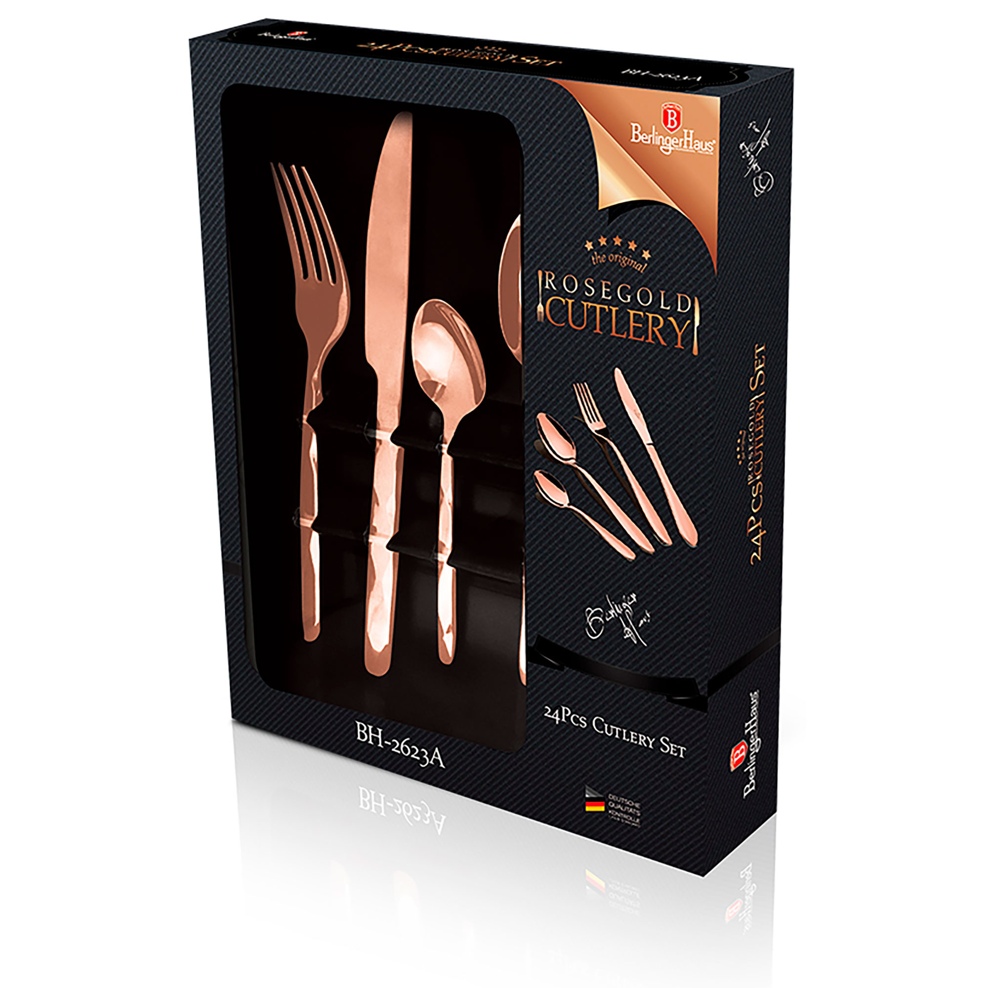Set di posate Berlinger Haus 24 pezzi, acciaio inossidabile con rivestimento in PVD oro rosa, manico nero opaco, include coltelli, forchette, cucchiai, design elegante, confezione regalo