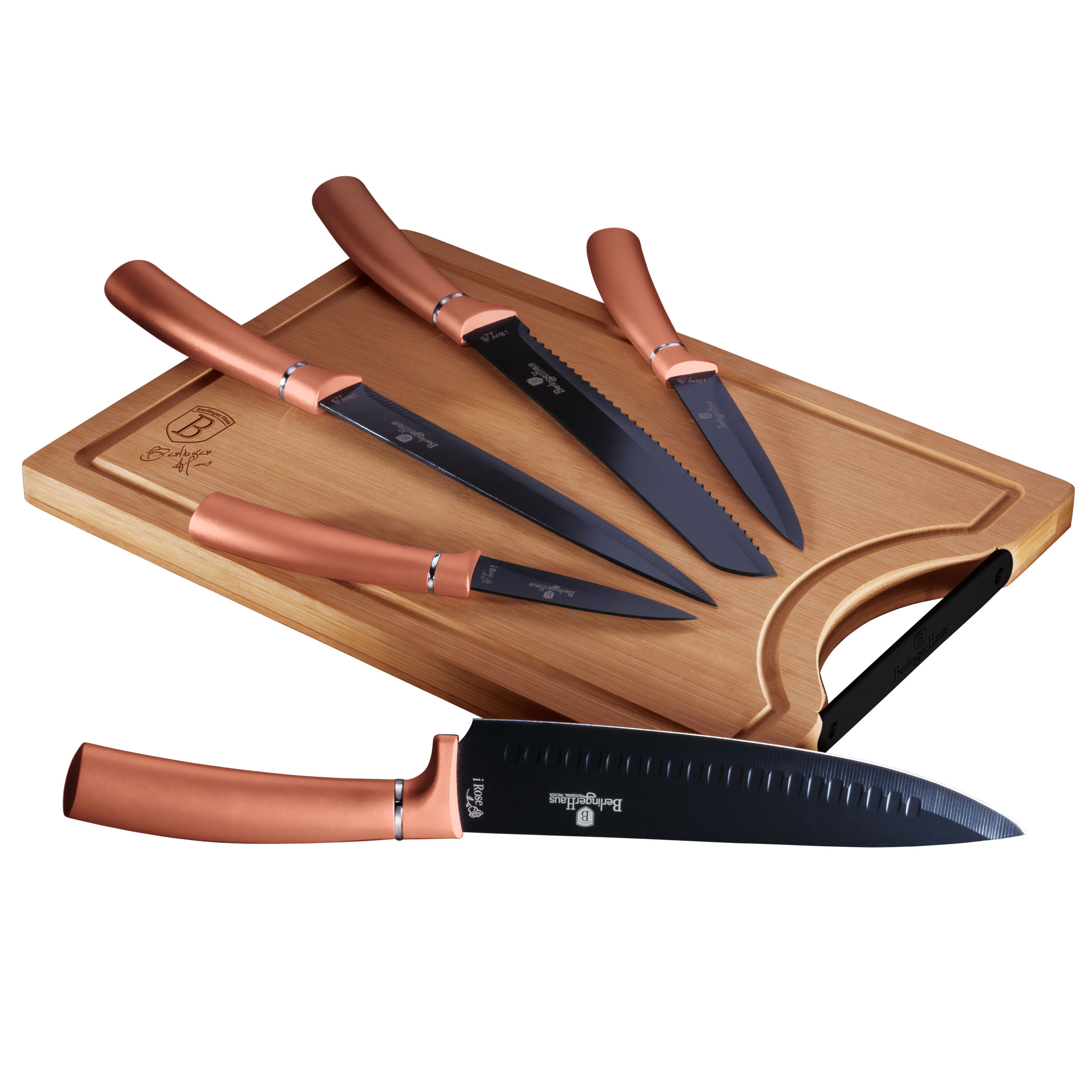 Berlinger Haus Rose Gold Juego 5 Cuchillos Cocina Profesional Tabla Cortar  Bambú, Hoja Acero Inoxidable Recubrimiento