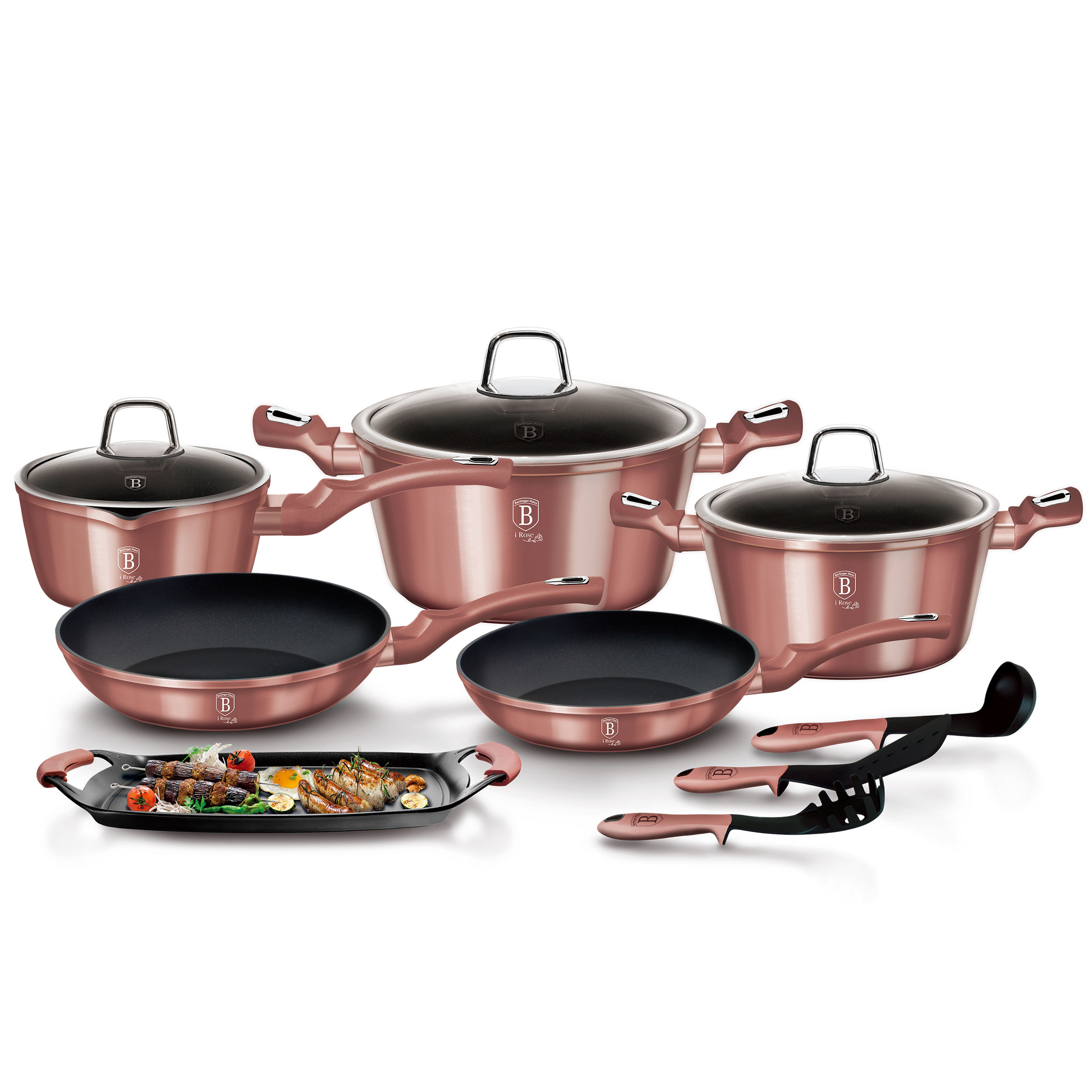 Berlinger Haus Rose Gold Batería Cocina Inducción 10 Piezas, Antiadherente  Mármol sin PFOA, Aluminio, Set 2 Cazuelas 2 Tapas Cristal, 2 Sartenes, 4  Utensilios, Diseño Metallic Line, Vitrocerámica