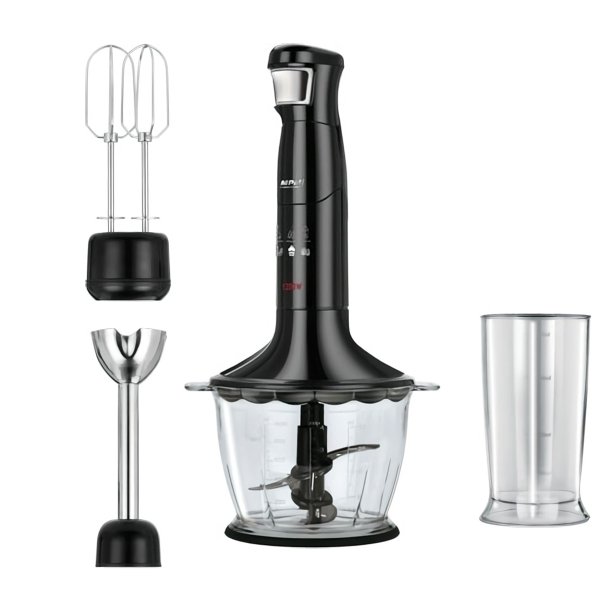 BATIDORA DE MANO 500W CUCHILLAS ACERO INOXIDABLE BRAZO NEGRO VASO