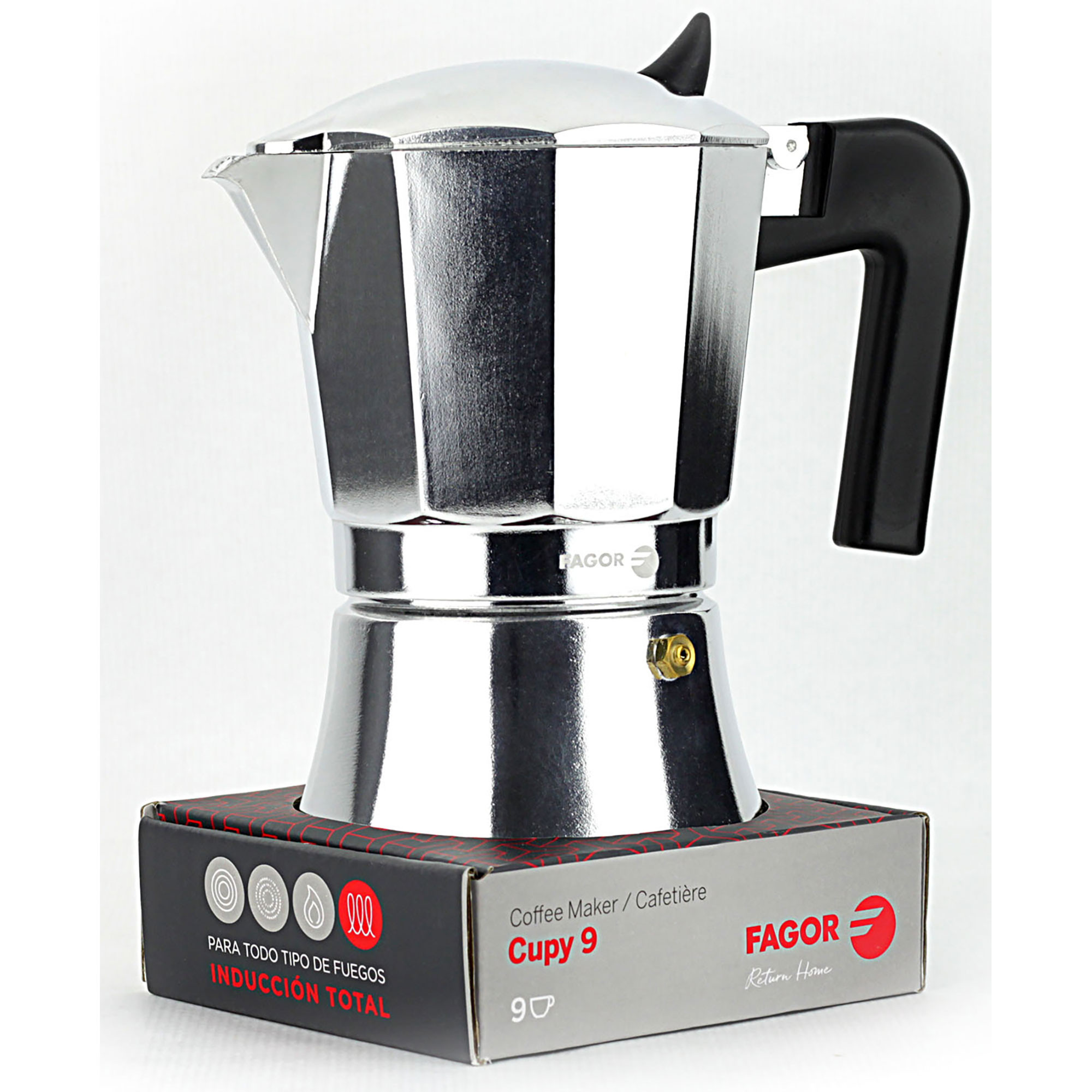 Fagor Cupy Cafetera Italiana, Inducción, Aluminio, Express, 9 Tazas Café,  Apta para todas las Cocinas, Vitrocerámica