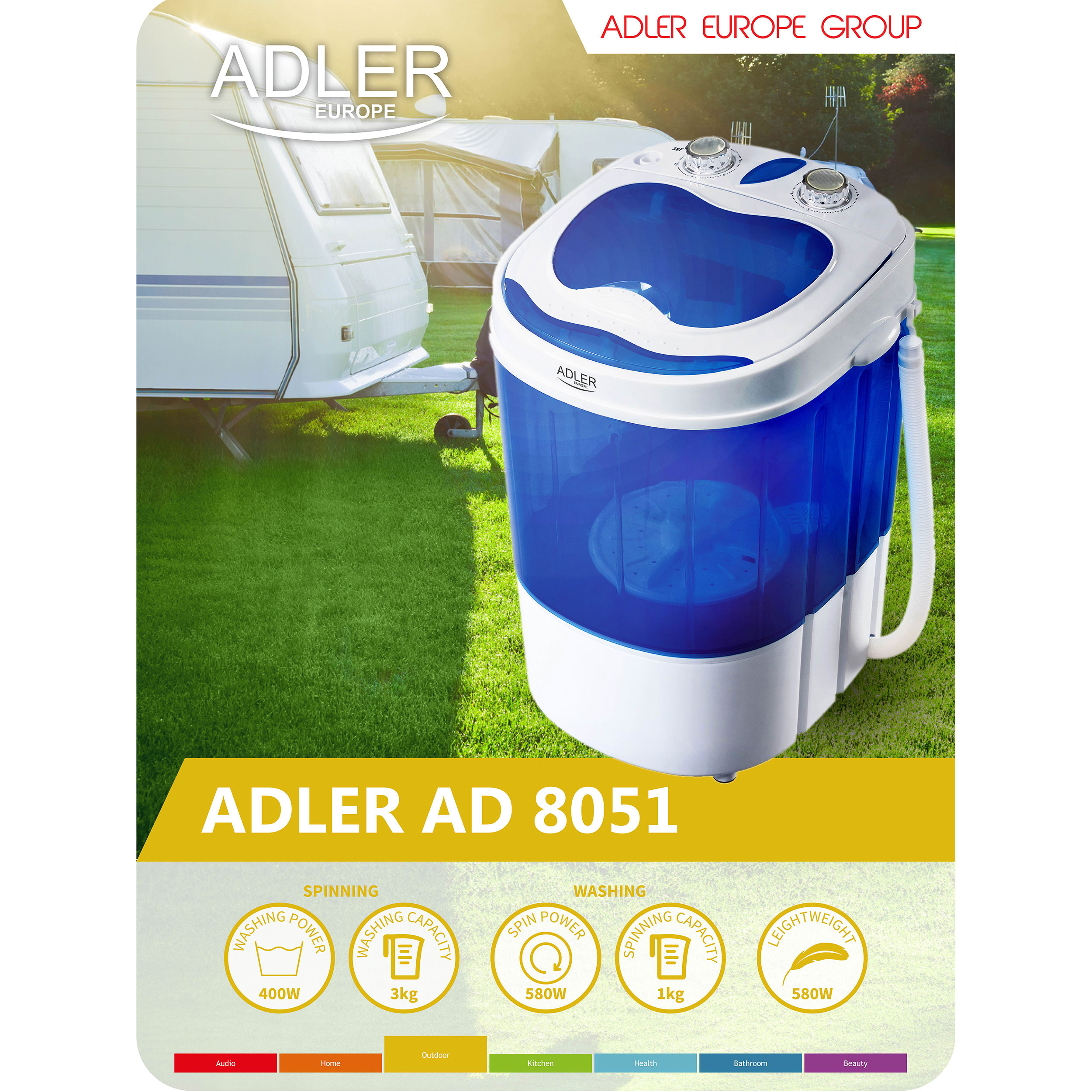 Adler AD8051 Mini Lavadora Centrifugadora Portátil, 3Kg Lavado, Pograma  Lavado 15m, Ideal Camping Caravanas, 150, Blanco/azul - Conforama