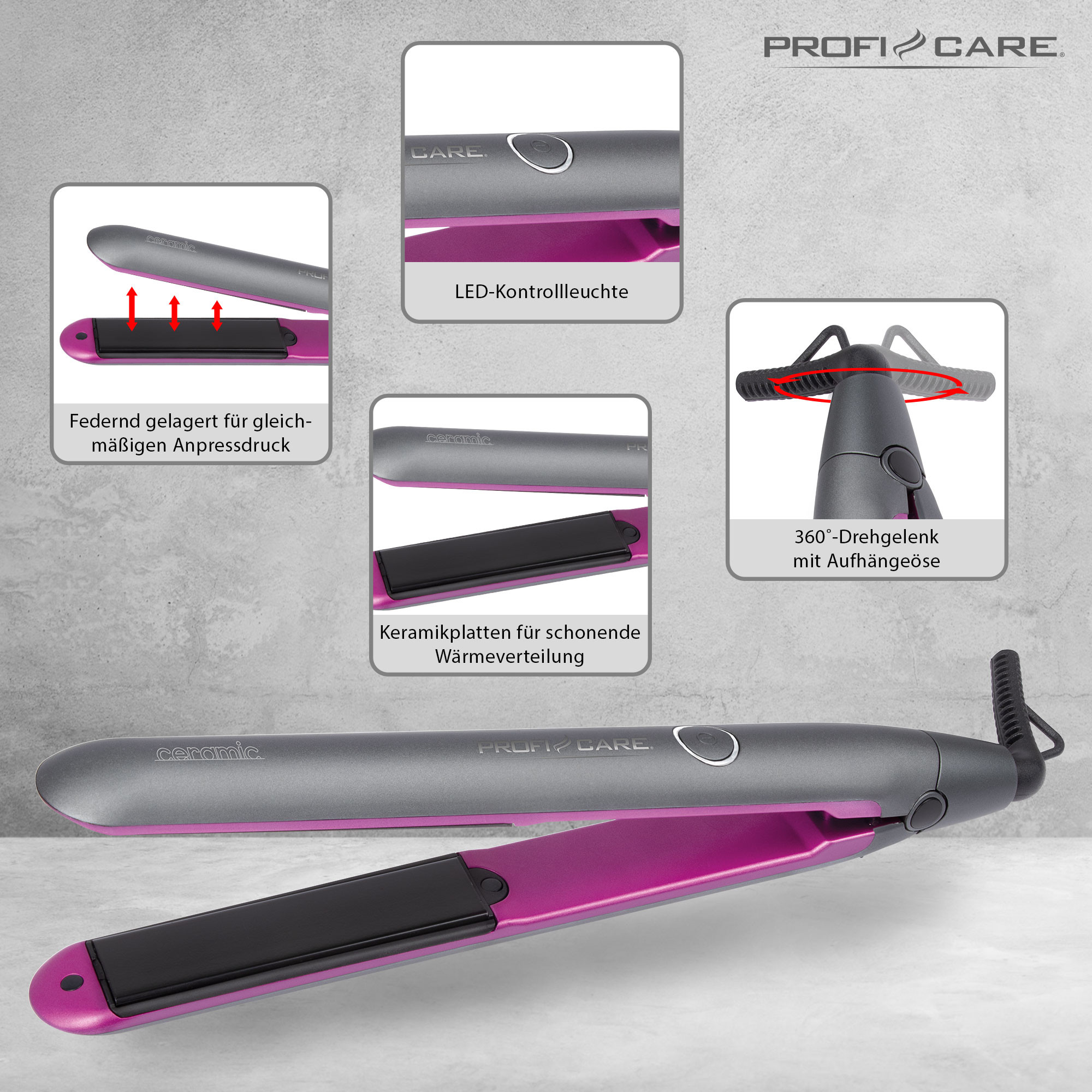 Proficare HC 3072 Plancha Pelo Profesional, Placas Cerámicas Turmalina,  Distribución Uniforme Temperatura, Tecnología Iónica, Rosa, 35W