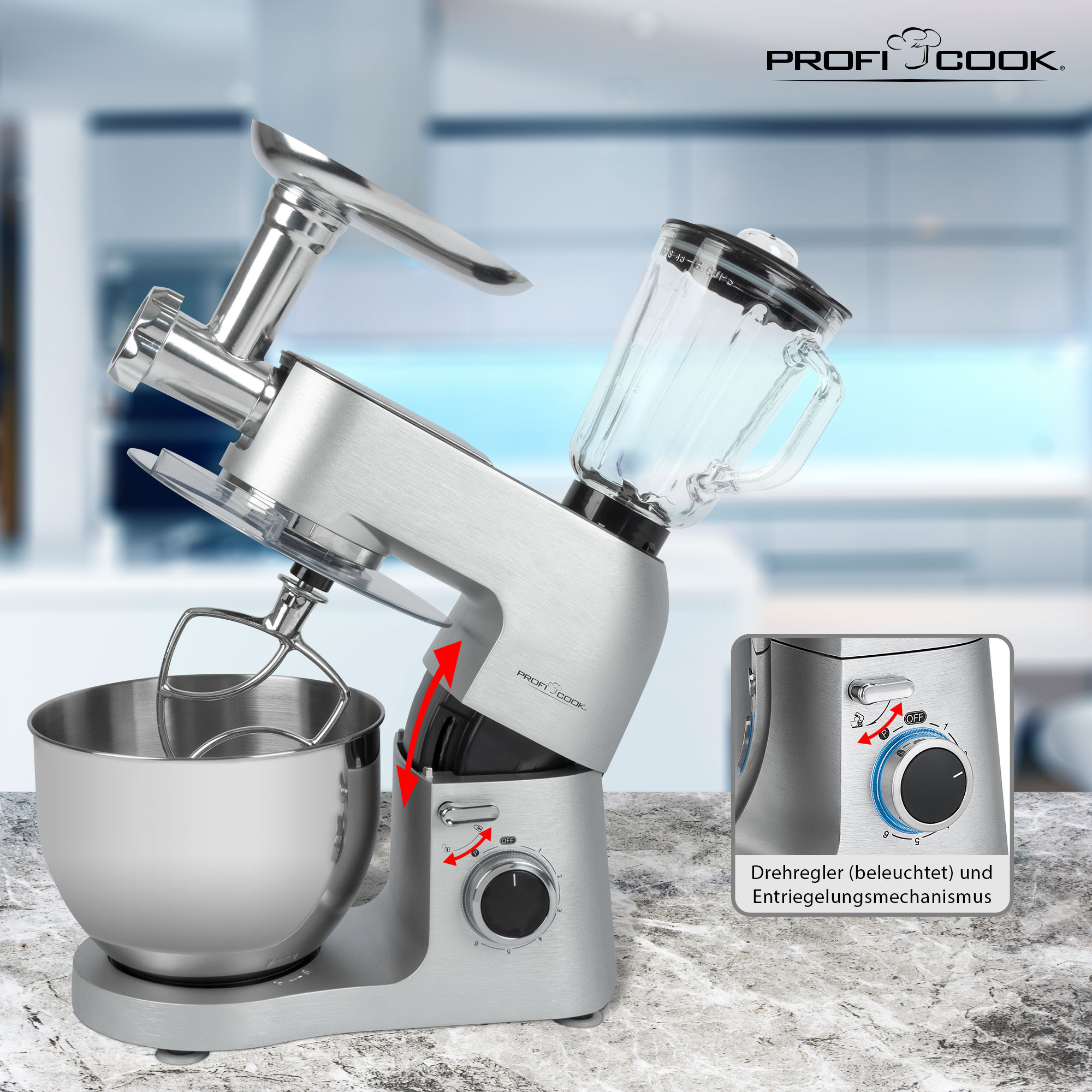 Amasadora ProfiCook 5L - Robot De Cocina 1200W, 8 Velocidades, Cuenco Acero Inoxidable, Incluye Gancho Y Batidor, Estilo Vintage