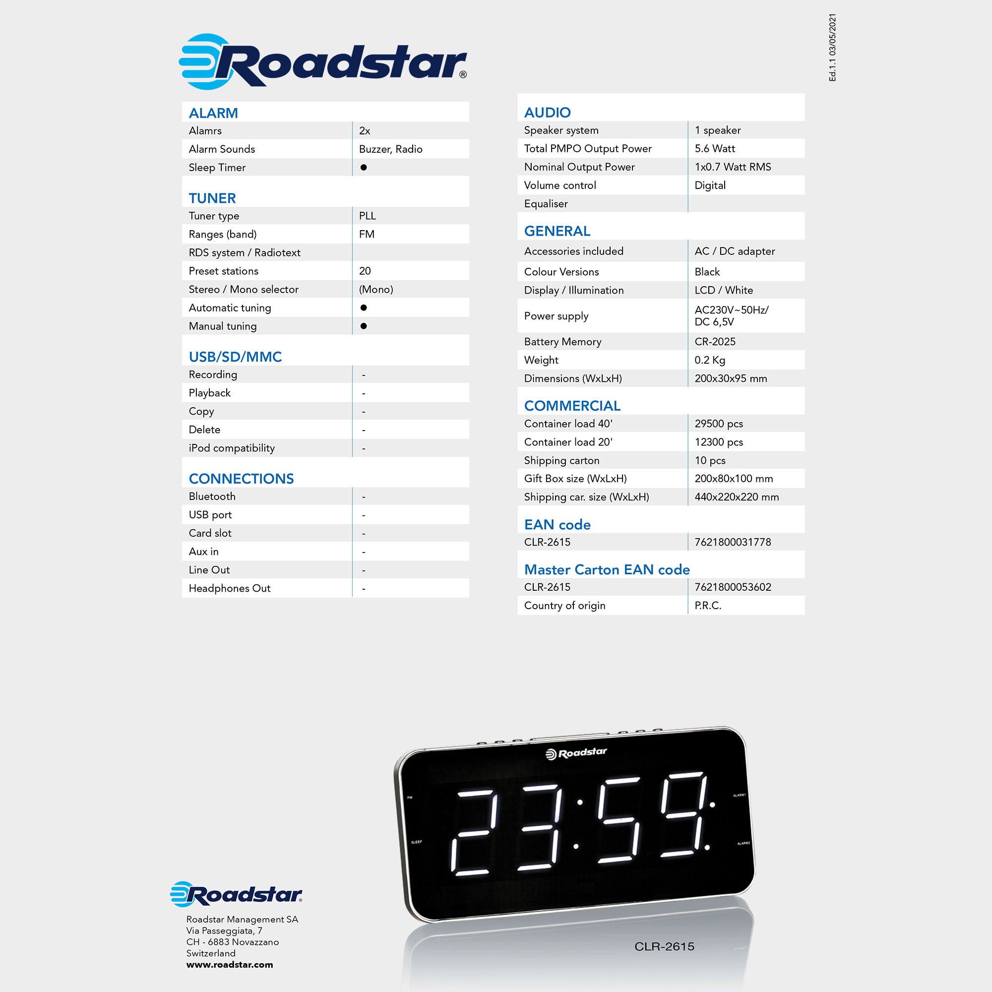 Roadstar CLR-2615 Radio Reloj Despertador PLL FM, 2 Alarmas, Gran Pantalla  LCD, Función Snooze, Temporizador