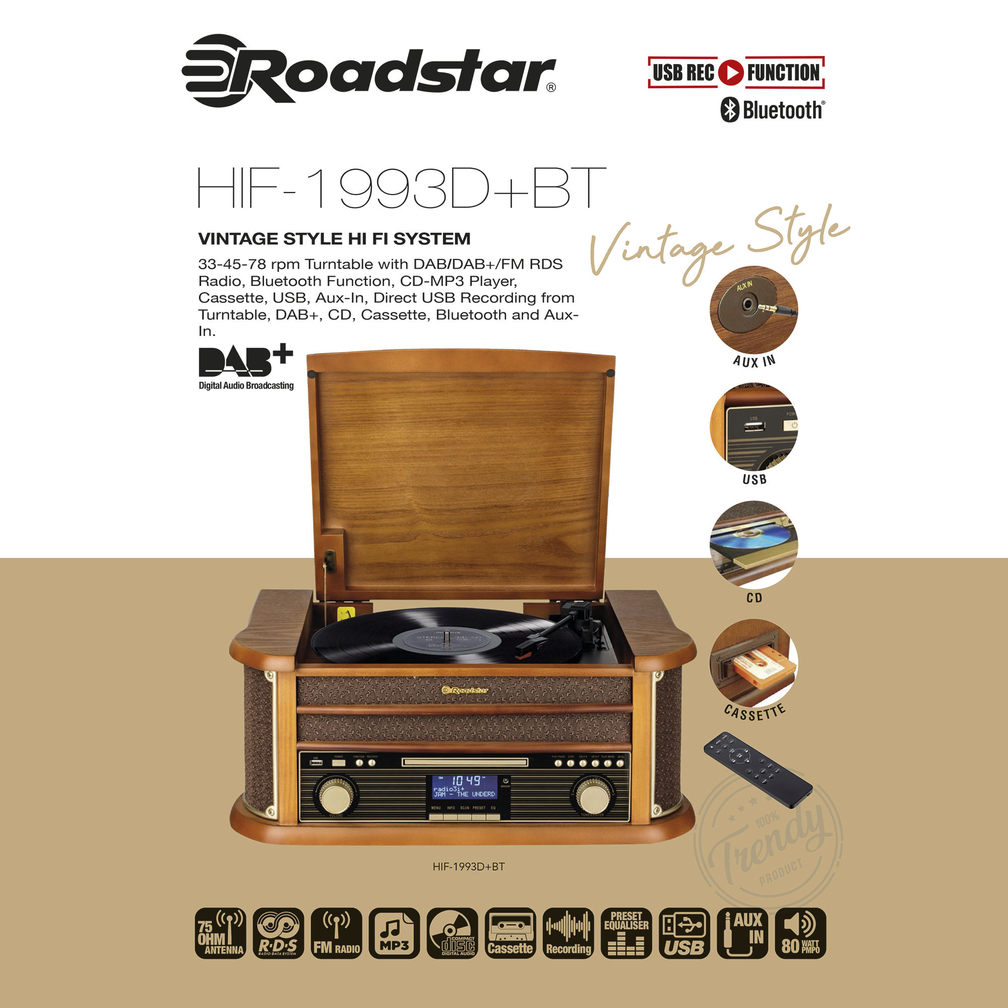 Roadstar HIF-8892DBT Equipo de Música Hi-FI Vintage con Tocadiscos