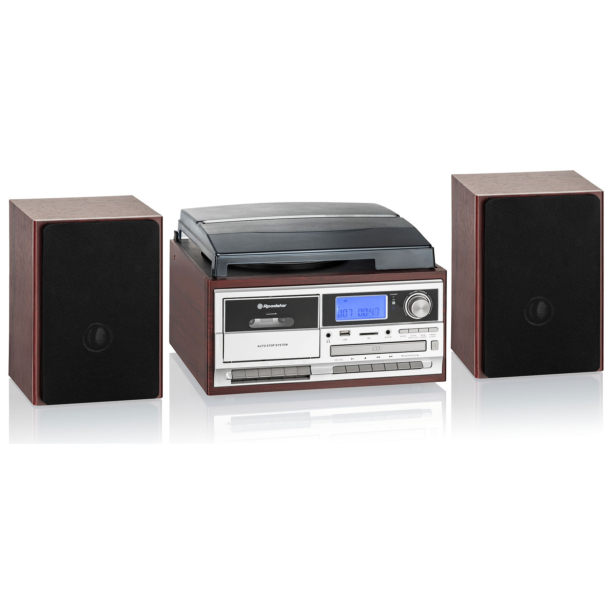 Roadstar HIF-8892EBT Mini Chaîne Hi-Fi Vintage Avec Platine Vinyle 3 Vitesses, Bluetooth, CD, Radio FM, USB