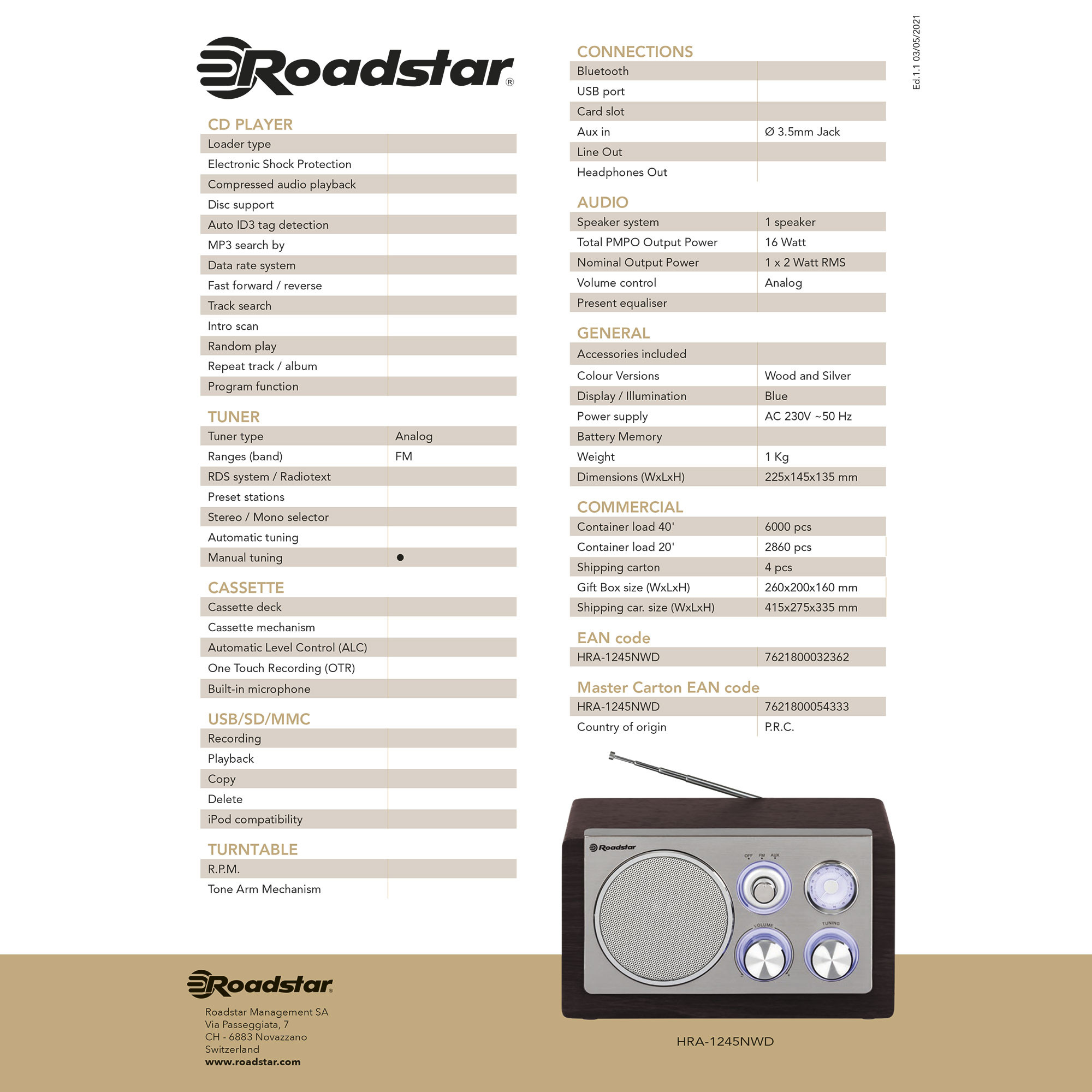 Roadstar HRA1245NWD Radio Portátil Vintage FM Analógica, Altavoz de 1 Vía  16W, Radio Retro Compacta para